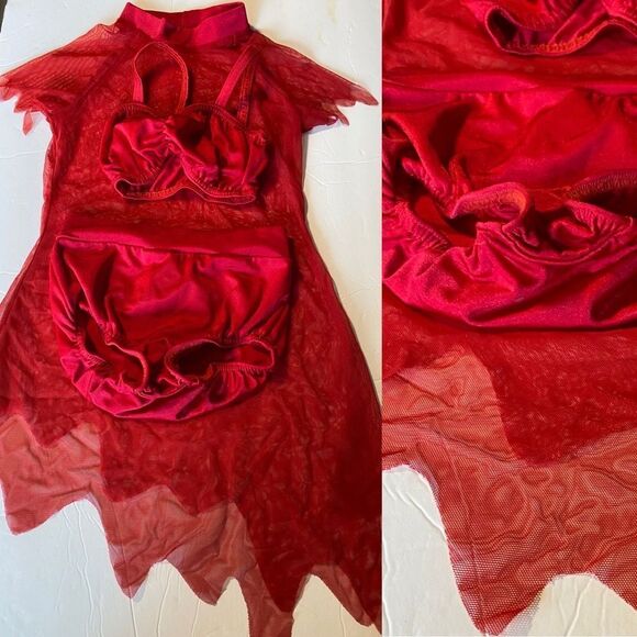 Kelle solo red 3 piece mesh sheer dress leotard Dance Costume MC-Medium child - Picture 1 of 9